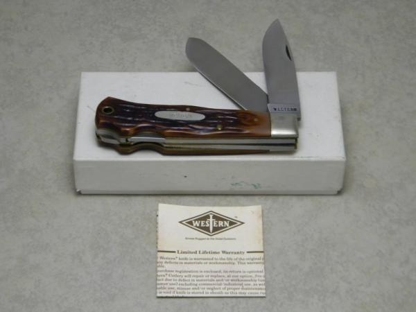 Western NY USA WD244 Imitation Stag Double Lockback Trapper Knife in Box