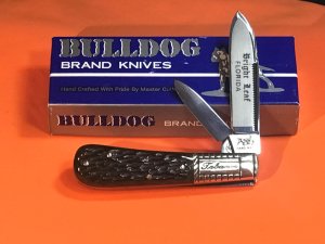 Vint Bulldog Brand HAND MADE 2 Blade "Bright Leaf Florida" Tobacco Barlow w Green Pick Bone Handles