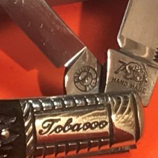 Vint Bulldog Brand HAND MADE 2 Blade "Bright Leaf Florida" Tobacco Barlow w Green Pick Bone Handles Vint Bulldog Brand HAND MADE 2 Blade "Bright Leaf Florida" Tobacco Barlow w Green Pick Bone Handles