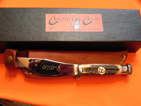 Colonel Coon 7 & 3/4" Fixed Blade Knife w/ Great Stag Handles +Original Sheath & Box -One of 100