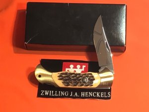 Hard to find..  J A Henckels Folding 4 & 1/2" Hunter Knife w/ Fossil Ivory Handles - NOS in Orig Box
