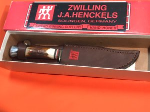 J A Henckels Fixed Blade Hunter Knife -Red'ish Stag Handles -Gold Blade Etch of Buck/Wilderness -NOS