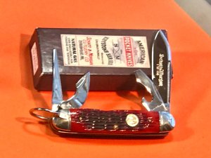 Schatt & Morgan Large Scout/Utility/Camp Knife w/ Great Red Bone Handles +Gold S&M Scout Shield -NOS