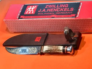 J A Henckels Fixed Blade Hunter Knife w/ Stag Handles & Gold Blade Etch of Black/Grizzly? Bear -NOS