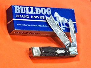 Hand Made Bulldog Brand 2 Blade Gunstock Knife w/ Red'ish Bone Handles +Razor Blade +Blade Etch -NOS