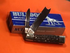Hand Made Bulldog Brand 2 Blade Gunstock Knife w/ Red'ish Bone Handles +Razor Blade +Blade Etch -NOS Hand Made Bulldog Brand 2 Blade Gunstock Knife w/ Red'ish Bone Handles +Razor Blade +Blade Etch -NOS