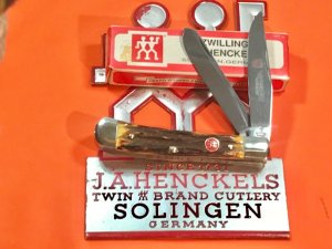 J A Henckels Hand Forged 2 Blade Trapper (HK-5-S) Super Matching Stag Handles -NOS +Orig Box