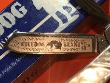 Hand Made Bulldog Brand 2 Blade Gunstock Knife w/ Flashy Mother of Pearl Handles +Blade Frost & Etch Hand Made Bulldog Brand 2 Blade Gunstock Knife w/ Flashy Mother of Pearl Handles +Blade Frost & Etch