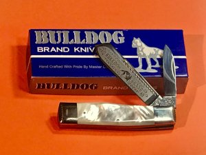 Hand Made Bulldog Brand 2 Blade Gunstock Knife w/ Flashy Mother of Pearl Handles +Blade Frost & Etch