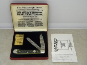 Boker Germany Green Bone World War II Commemorative "Guadalcanal" Trapper Knife in Box c.1993