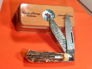 Bear & Son Special Build (#183) Lg 2 Blade Mountain Man Knife w Great Stag Handles & Damascus Blades