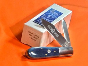 Queen Cutlery 2 Blade Barlow Pocket Knife w/ Beautiful Blue Bone Handles -#69 1/2 -NOS +Orig Box