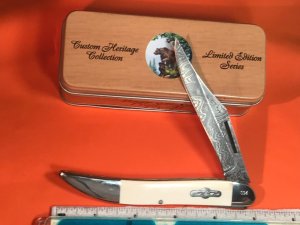 Bear & Son Special Build (#94) Lg 1 Blade Toothpick Knife w Ivory Handles & Damascus Blade +Orig Tin