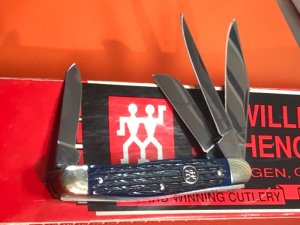 Vintage J A Henckels 4 Blade Stockman Pocket Knife with Blue Handles & Black Shield -NOS