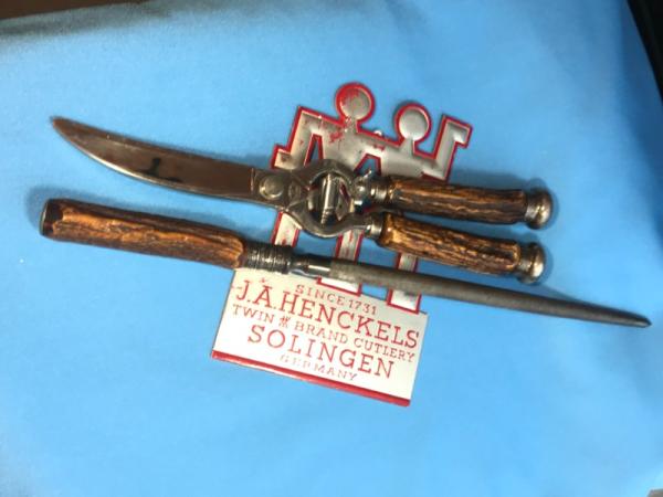 J A Henckels Sharpening Rod & Meat Cutter / Pork Shears / Chopper, both with great stag handles
