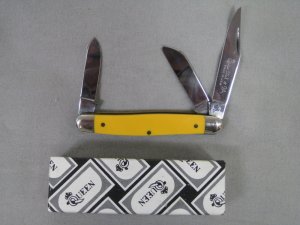 QUEEN STEEL #9A YELLOW STOCKMAN 3 BLADE KNIFE IN BOX 