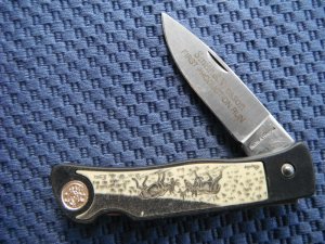 Smith & Wesson, S&W pocket knife marked "First Production Run" & "Performance"  Scrimshaw Deer scene