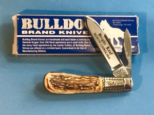 Vint Bulldog Brand HAND MADE, 2 Blade "Bright Leaf North Carolina" Barlow w/ Great Deer Stag Handles