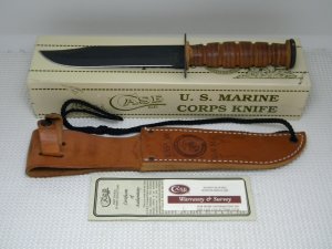 Case XX Bradford PA USMC 1998 USA Stacked Leather Fixed Blade Fighting Knife & Sheath in Box 