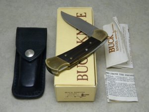 Buck 112 USA Ranger Wood Folding Lockback Knife & Pouch in Box - 3 Dot Marking c.1980-1981