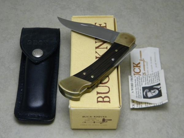 Buck 110 USA Hunter Wood Folding Lockback Knife & Pouch in Box - 3 Dot Marking c.1980-1981