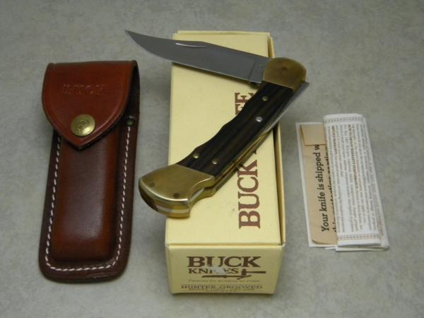 Buck 110 USA Hunter Grooved Wood Folding Lockback Knife & Pouch in Box - 4 Dot Marking c.1981-1986