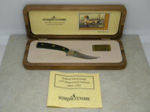 Schrade + USA LTD Green Bone 2001/2002 Federal Duck Stamp Commemorative Fixed Blade Knife in Box