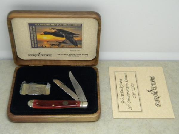 Schrade + USA LTD Red Bone 2002/2003 Federal Duck Stamp Commemorative Slimline Trapper Knife in Box Schrade + USA LTD Red Bone 2002/2003 Federal Duck Stamp Commemorative Slimline Trapper Knife in Box