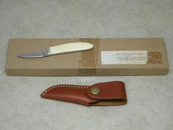Koji Hara Custom Knives Mastodon Ivory HA-510 Eagle Claw II Finger Skinner Knife & Sheath in Box