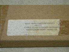 Koji Hara Custom Knives Mastodon Ivory HA-510 Eagle Claw II Finger Skinner Knife & Sheath in Box