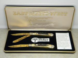 Boker Solingen Germany Stag "East Meets West - Railroad" Trapper Knife Set in Box with Gold Blades