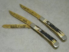 Boker Solingen Germany Stag "East Meets West - Railroad" Trapper Knife Set in Box with Gold Blades Boker Solingen Germany Stag "East Meets West - Railroad" Trapper Knife Set in Box with Gold Blades