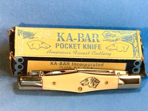 Vintage Ka-Bar Dog Head 2 Blade Swell Center Knife (CBS 91) w/ Beautiful Handles -NOS Mint +Orig Box