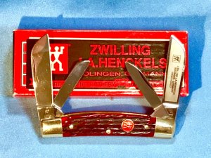 Vintage NOS, J A Henckels, 4 Blade Congress Knife w Nice Red PickBone Handles +NOS