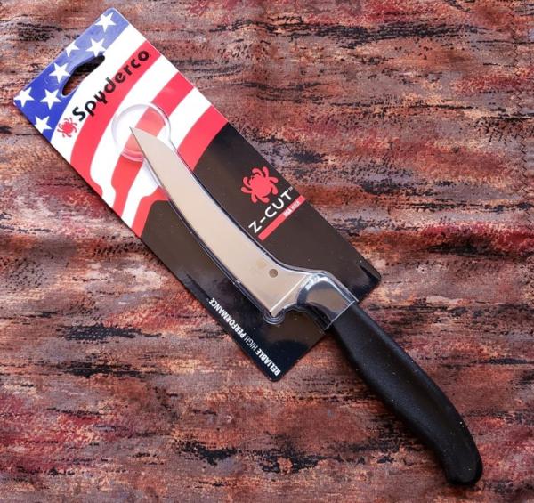 Spyderco Z-Cut kitchen knife. Black pointed tip. Made in the USA. Brand new. K14PBK Spyderco Z-Cut kitchen knife. Black pointed tip. Made in the USA. Brand new. K14PBK