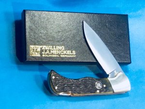 J A Henckels (HK-135-GP) Folding Hunter Pocket Knife with Nice Green Bone Handles -NOS +Orig Box
