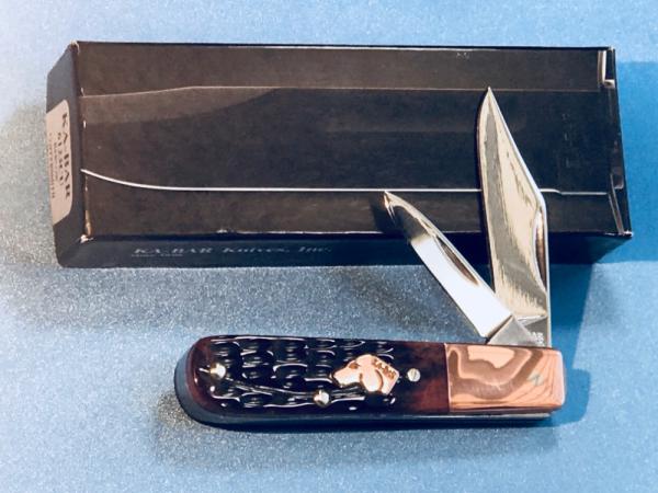 Ka-Bar 2 Blade Dog Head Coppersmith Barlow Pocket Knife w/ Dark Brown Jigged Bone Handles -NOS & Mnt Ka-Bar 2 Blade Dog Head Coppersmith Barlow Pocket Knife w/ Dark Brown Jigged Bone Handles -NOS & Mnt