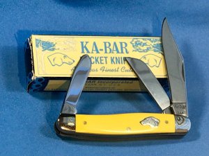 Vintage Ka-Bar Dog Head 3 Blade Stockman Knife w/ Yellow Derlin Handles -Dog Head Shield -NOS & M/NM