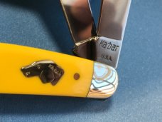 Vintage Ka-Bar Dog Head 3 Blade Stockman Knife w/ Yellow Derlin Handles -Dog Head Shield -NOS & M/NM Vintage Ka-Bar Dog Head 3 Blade Stockman Knife w/ Yellow Derlin Handles -Dog Head Shield -NOS & M/NM