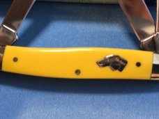 Vintage Ka-Bar Dog Head 3 Blade Stockman Knife w/ Yellow Derlin Handles -Dog Head Shield -NOS & M/NM Vintage Ka-Bar Dog Head 3 Blade Stockman Knife w/ Yellow Derlin Handles -Dog Head Shield -NOS & M/NM