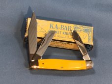 Vintage Ka-Bar Dog Head 3 Blade Stockman Knife w/ Yellow Derlin Handles -Dog Head Shield -NOS & M/NM Vintage Ka-Bar Dog Head 3 Blade Stockman Knife w/ Yellow Derlin Handles -Dog Head Shield -NOS & M/NM