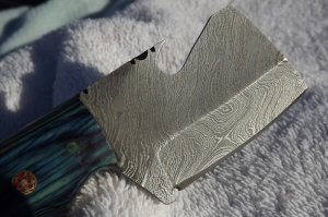 Small Damascus fixed blade Cleaver style blade, Mosaic pins leather sheath. FULL TANG, bottle opener