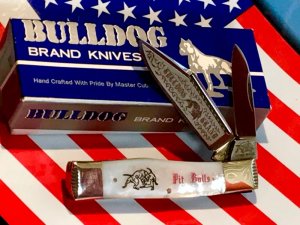 Vintage Bulldog Brand 2 Blade Gunstock Knife w/ Flashy Mother of Pearl Handles +Laser Etching