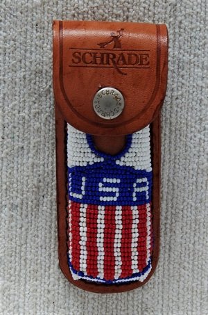 Schrade U.S.A. Beaded Leather Red, White And Blue Sheath for LB-7, LB-8, 7OT ,6OT, etc. knife.