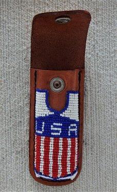 Schrade U.S.A. Beaded Leather Red, White And Blue Sheath for LB-7, LB-8, 7OT ,6OT, etc. knife. Schrade U.S.A. Beaded Leather Red, White And Blue Sheath for LB-7, LB-8, 7OT ,6OT, etc. knife.