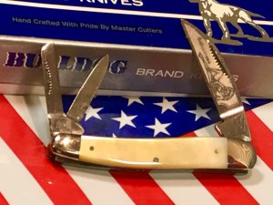 Vint HAND MADE Bulldog Brand 3 Blade Seductress Whittler w Fiery Gold Lip Mother of Pearl Handle
