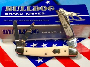 Vintage HAND MADE Bulldog Brand 3 Blade Whittler w/ Great Ivory Handles -NOS