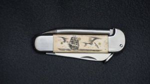 + VTG RARE SCRIMSHAW NATIONAL BLADE NJ USA SURGICAL STEEL JAPAN Marlin Spike Rigging Knife +