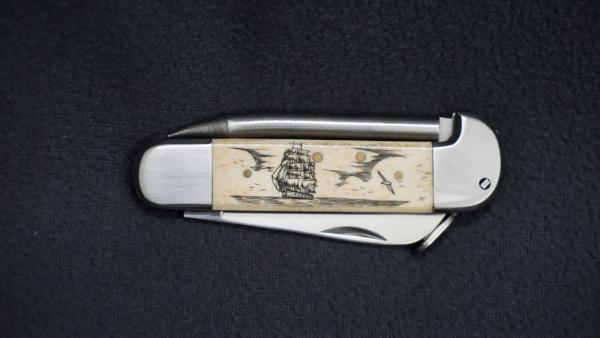 + VTG RARE SCRIMSHAW NATIONAL BLADE NJ USA SURGICAL STEEL JAPAN Marlin Spike Rigging Knife + + VTG RARE SCRIMSHAW NATIONAL BLADE NJ USA SURGICAL STEEL JAPAN Marlin Spike Rigging Knife +
