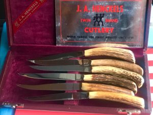 Vint JA Henckels Friodur Set of 6 Stag Handled Steak Knives -Solingen -USED items Good for Camping